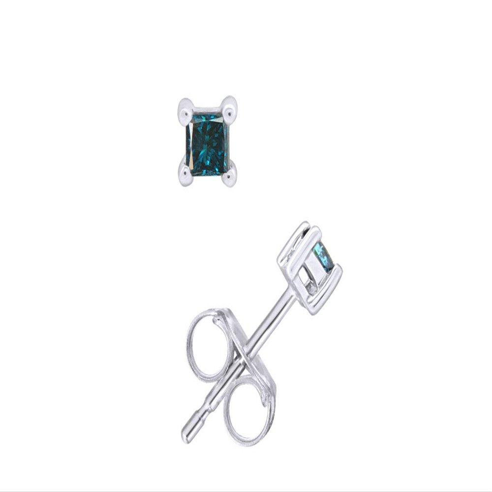 1/5 Ct Princess Cut Blue Natural Diamond Solitaire Stud Earrings For Women Men 14k White Gold Post Clutch & Sterling Silver (0.20 Carat)