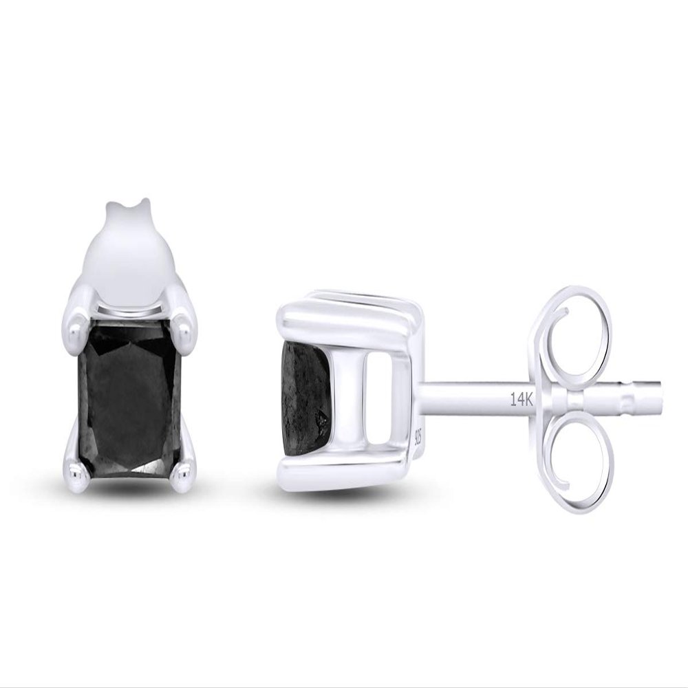 3/4 Ct Princess Black Natural Diamond Solitaire Stud Earrings For Men Women 14K White Gold Post Clutch & Sterling Silver (0.75 Carat)