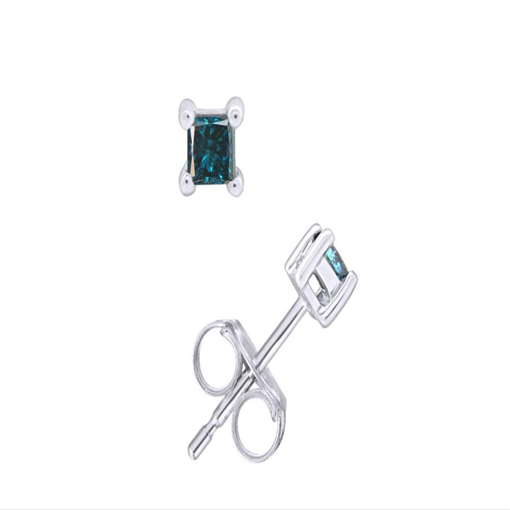 1/4 Ct Princess Cut Blue Natural Diamond Solitaire Stud Earrings For Women Men 14k White Gold Post Clutch & Sterling Silver (0.25 Carat)