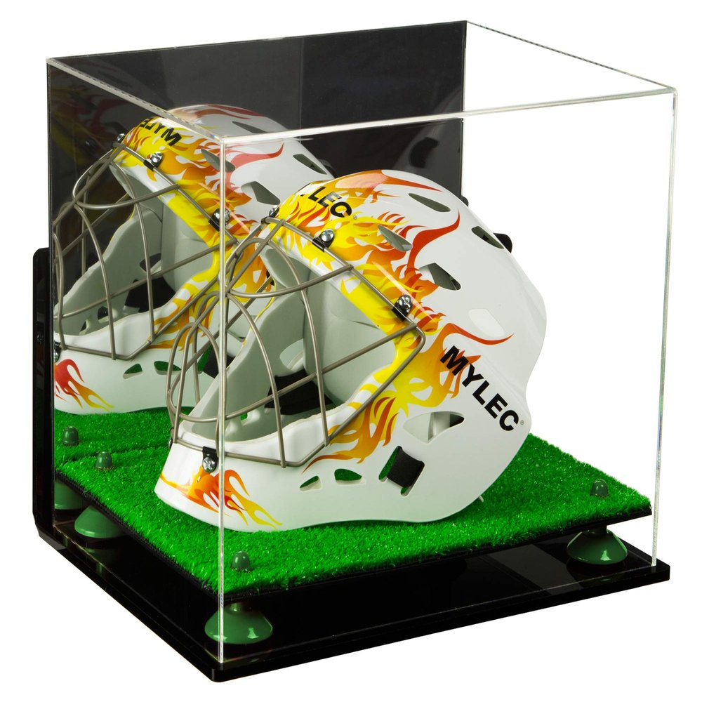 Better Display Cases Acrylic Lacrosse Helmet Display Case with Mirror, Wall Mount, Green Risers and Turf Base (A002-GRR)