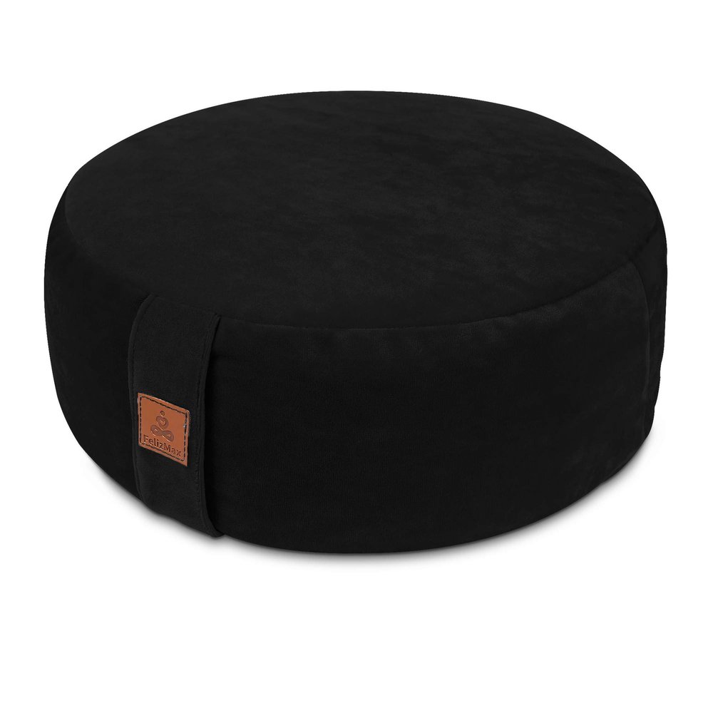 FelizMax Round Velvet Meditation Pillow D=13"/16" H=5.5" Yoga Bolster Floor Pouf Zafu Buckwheat Meditation Cushion for Sitting on Floor,Removable Organic Cotton Cover Kneeling Pillow (Black, 13"13")