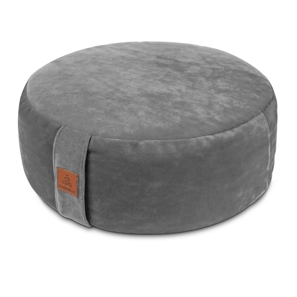 Round Velvet Meditation Pillow D=13"/16" H=5.5" Yoga Bolster Floor Pouf Zafu Buckwheat Meditation Cushion for Sitting on Floor,Removable Organic Cotton Cover Kneeling Pillow (Light Grey, 13"13")
