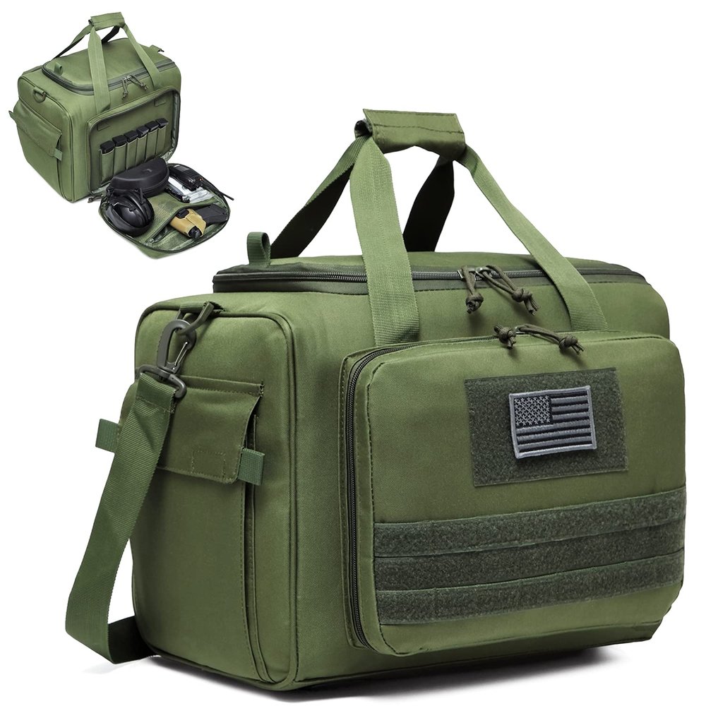 DBTAC Gun Range Bag Large | Tactical 4+ Pistol Shooting Range Duffle Bag for Handguns and Ammo with 2X Removable Hook & Loop Divider for DSLR | US Flag Patch + Universal Holster Included (Green)