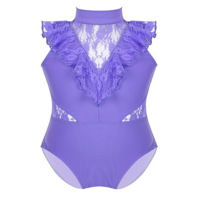 dPois Kids Girls' Sleeveless Ruffled Lace Splice Ballet Dance Leotard Gymnastics One-Piece Jumpsuit Dance wear Lavender 4