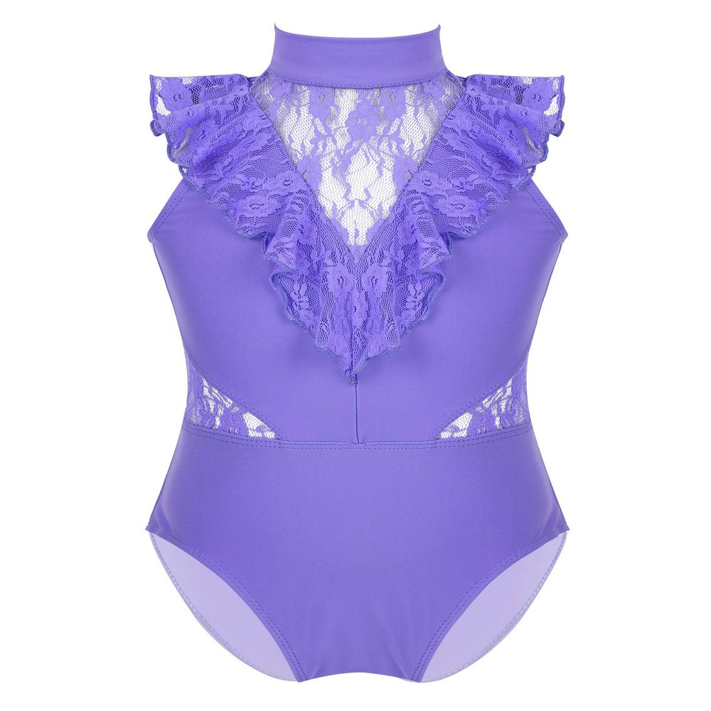 dPois Kids Girls' Sleeveless Ruffled Lace Splice Ballet Dance Leotard Gymnastics One-Piece Jumpsuit Dance wear Lavender 4