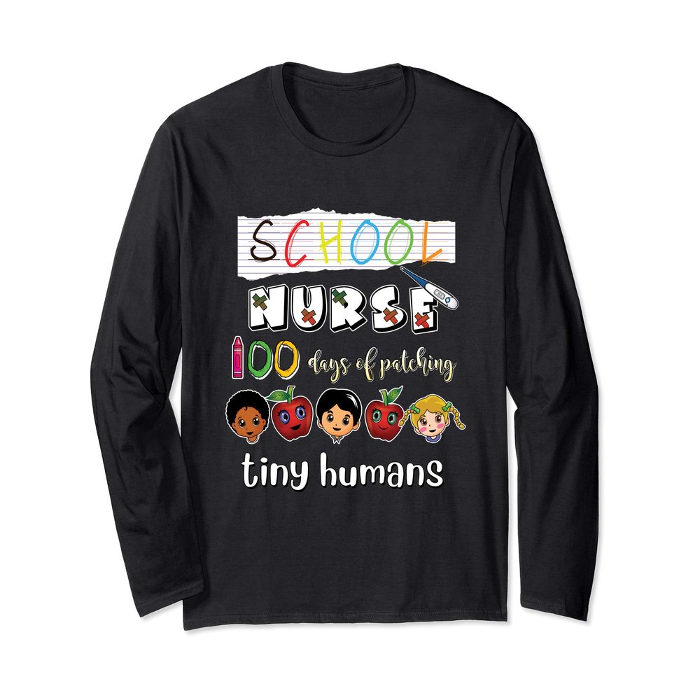 100 Days of School Patching Tiny Humans School Nurse Gift Long Sleeve T-Shirt