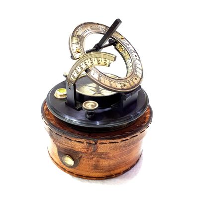 Antique Nautical Black Round Sundial Engrave Compass 3" Brass Navigation Compass with Brown Leather Box