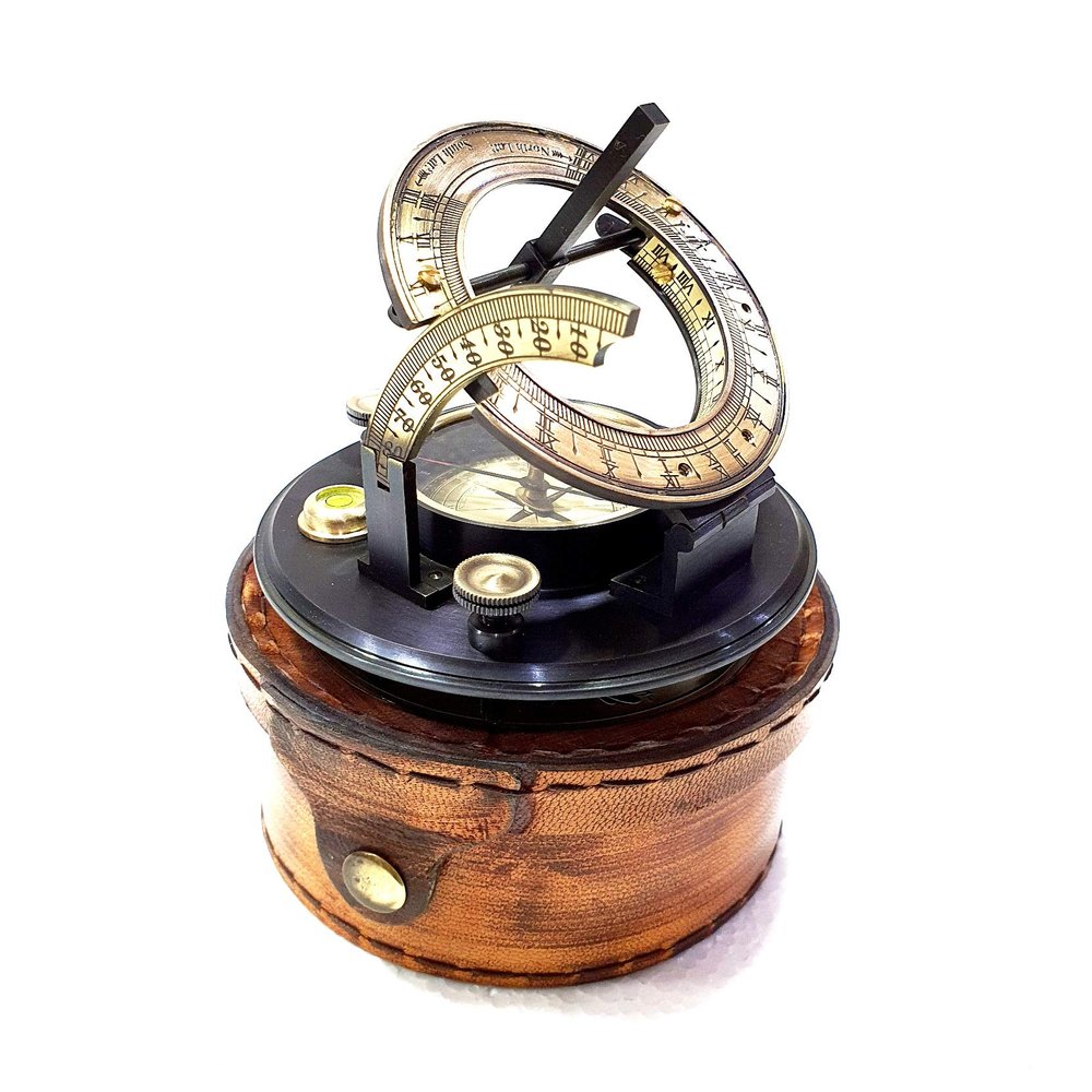 Antique Nautical Black Round Sundial Engrave Compass 3" Brass Navigation Compass with Brown Leather Box