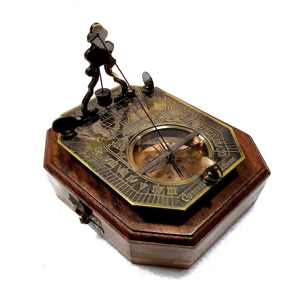 Antique Nautical Round Sundial Engrave Gilbert & Sons London Sundial Compass 2" Brass Navigation Compass with Wooden Box