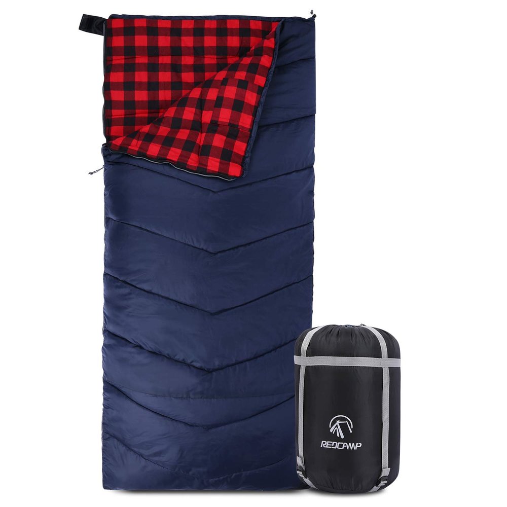 REDCAMP Cotton Flannel Sleeping Bag for Adults, XL 32/41/50F Comfortable, Envelope Sleeping Bag with Compression Sack, Red Plaid 3lbs(79"x33")
