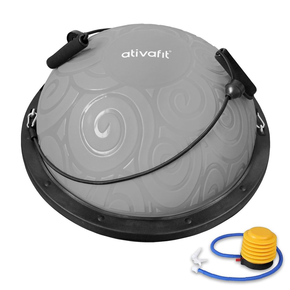 ATIVAFIT HALF BALL BALANCE TRAINER Inflatable YogaStability Ball for Core Strength & Home Workouts with Resistance Bands, Pump & AntiSlip Base (Supports up to 660lbs)
