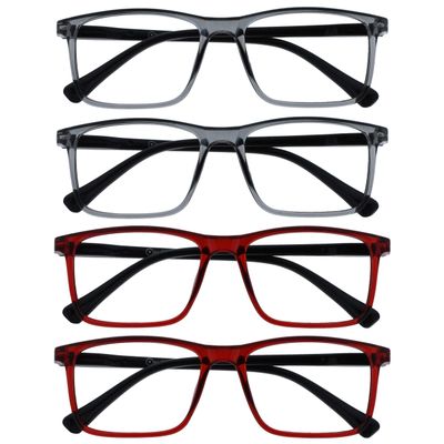 OPULIZE INK Reading Glasses - Value 4 Pack - Large Rectangular Frame - Spring Hinges - Scratch Resistant - Grey Red - Mens Womens +1.50