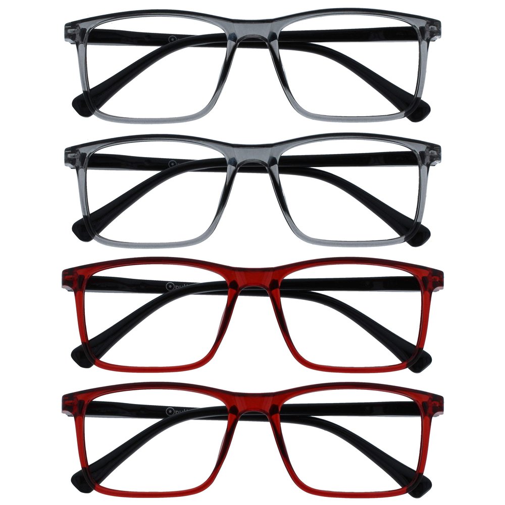 OPULIZE INK Reading Glasses - Value 4 Pack - Large Rectangular Frame - Spring Hinges - Scratch Resistant - Grey Red - Mens Womens +1.50