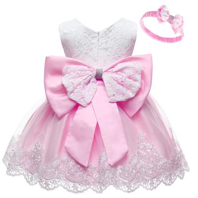Baby Dress Bowknot Flower Dresses Lace Pageant Party Wedding Flower Girl Tutu Gown (Pink, 12-18 Months)