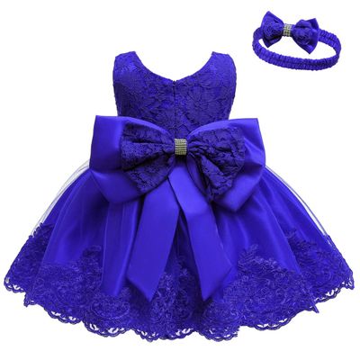 Baby Dress Bowknot Flower Dresses Lace Pageant Party Wedding Flower Girl Tutu Gown (Blue, 12-18 Months)