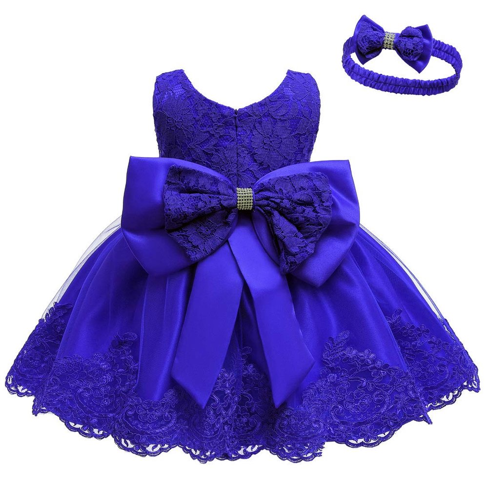Baby Dress Bowknot Flower Dresses Lace Pageant Party Wedding Flower Girl Tutu Gown (Blue, 12-18 Months)
