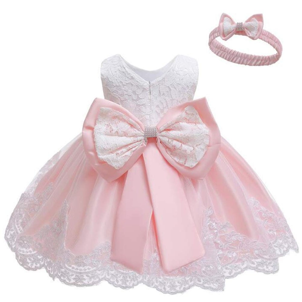 Baby Dress Bowknot Flower Dresses Lace Pageant Party Wedding Flower Girl Tutu Gown (Light Pink, 18-24 Months)