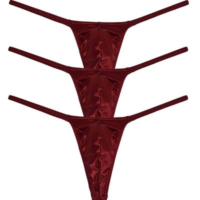 Jaxu Men's Swim Thong Slim Pouch G-String Bikini Shiny T-back 3-Pack Wine Red L
