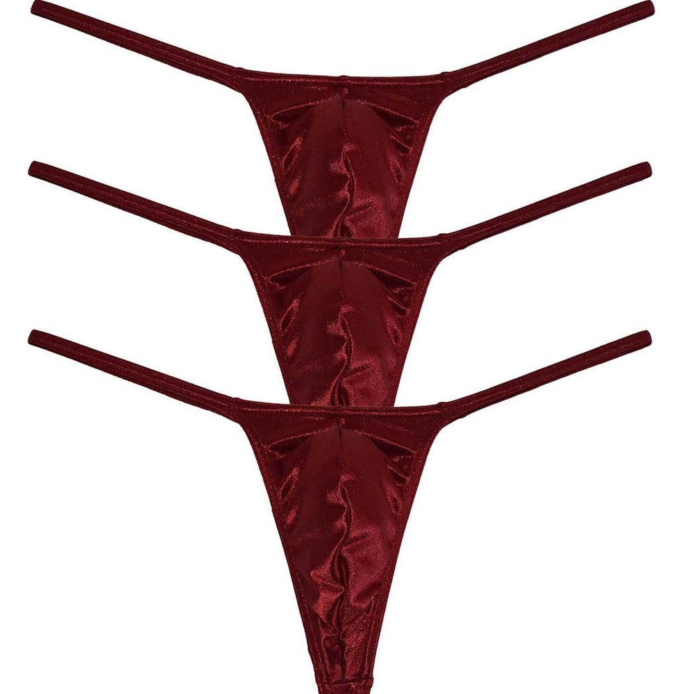 Jaxu Men's Swim Thong Slim Pouch G-String Bikini Shiny T-back 3-Pack Wine Red L