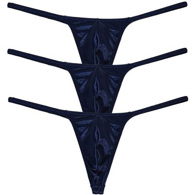 Jaxu Men's Swim Thong Slim Pouch G-String Bikini Shiny T-back 3-Pack Dark Blue M