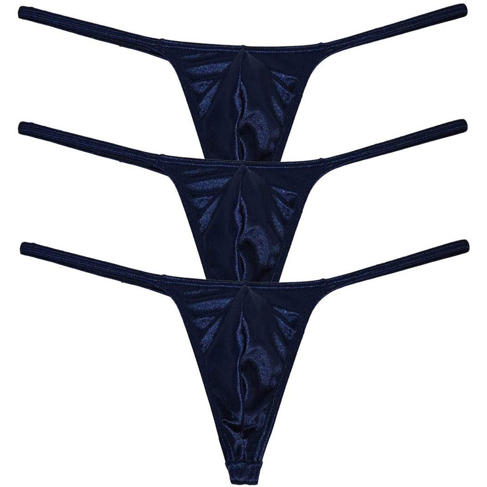 Jaxu Men's Swim Thong Slim Pouch G-String Bikini Shiny T-back 3-Pack Dark Blue M