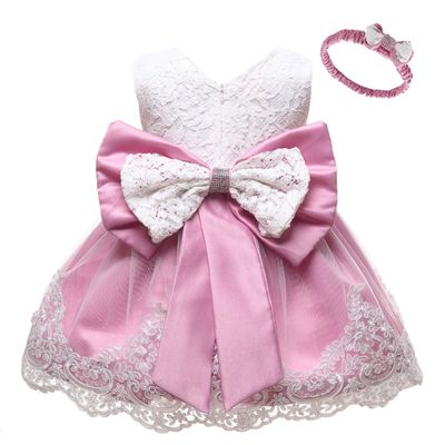 Baby Dress Bowknot Flower Dresses Lace Pageant Party Wedding Flower Girl Tutu Gown (Dark Pink, 18-24 Months)