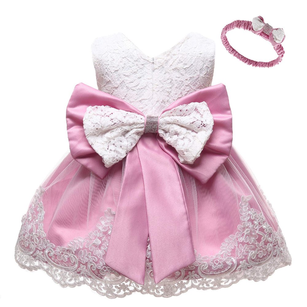 Baby Dress Bowknot Flower Dresses Lace Pageant Party Wedding Flower Girl Tutu Gown (Dark Pink, 18-24 Months)