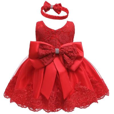 Baby Dress Bowknot Flower Dresses Lace Pageant Party Wedding Flower Girl Tutu Gown (Red, 18-24 Months)