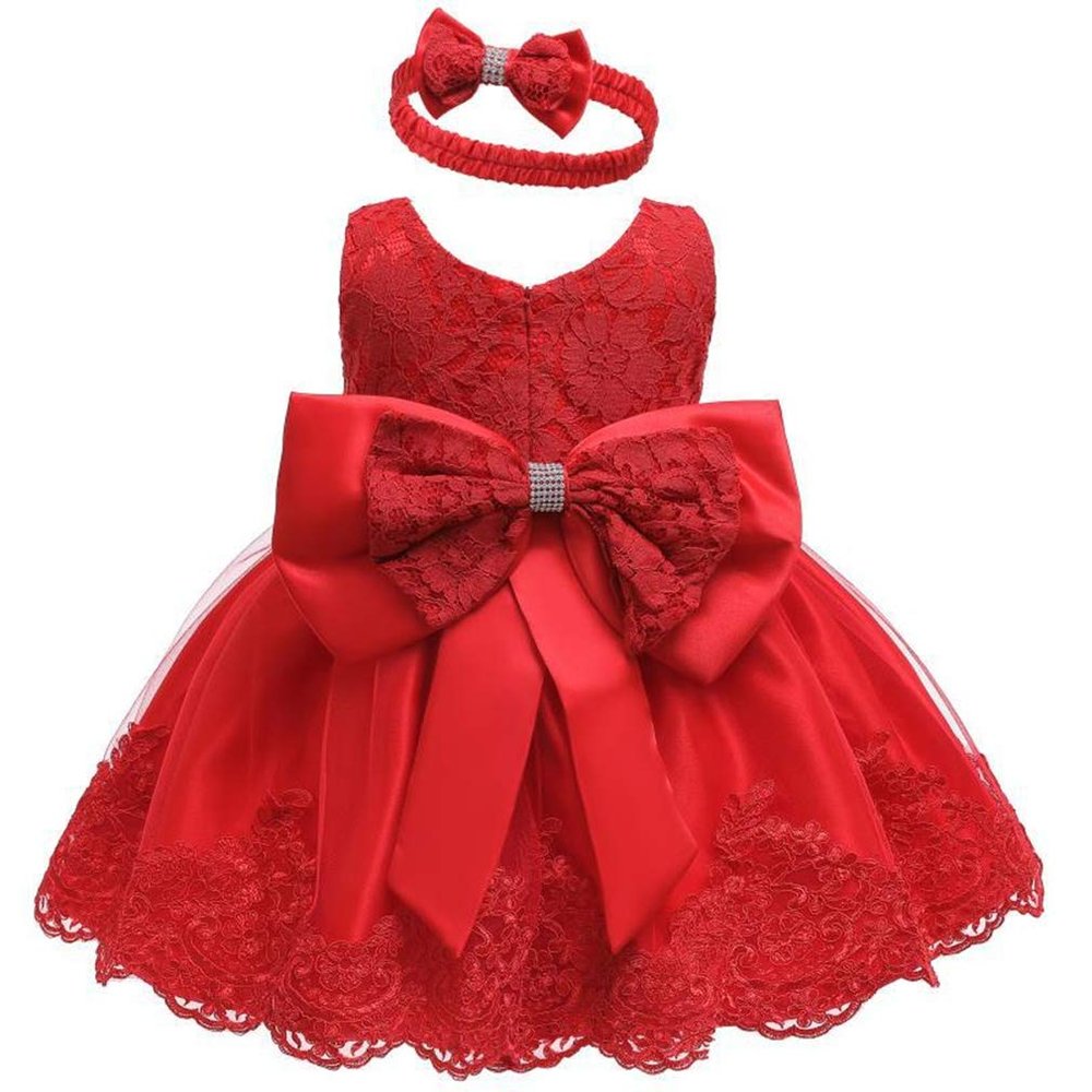 Baby Dress Bowknot Flower Dresses Lace Pageant Party Wedding Flower Girl Tutu Gown (Red, 18-24 Months)