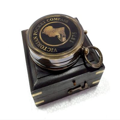 Antique Nautical Round Victorian Pocket Compass 2.75" Brass Navigation Compass with Black Wooden Box