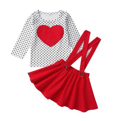 XFGLCK Toddler Baby Girl Valentine Clothes Outfit Long Sleeve Dot Heart Long Sleeve Shirt Blouse +Suspender Skirts Set (Red, 3-4 T)