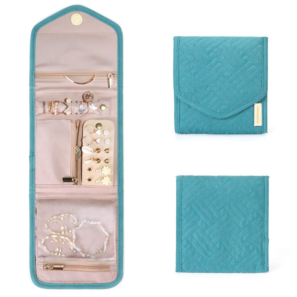 BAGSMART Travel Jewelry Organizer Case Foldable Jewelry Roll for Journey Rings, Necklaces, Earrings, Bracelets,Mini,Teal