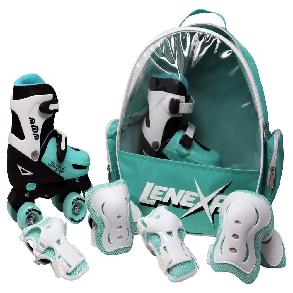 Lenexa Go GRO Adjustable Quad Roller Skate Bundle Kids Roller Skates with Wrist Guards, Knee Pads, Elbow Pads, and Matching Backpack Black, Teal, Adjustable Large (3 to 6)
