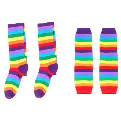 Amosfun 2pcs Striped Knee High Socks Arm Warmer Fingerless Gloves Set for Women Girls