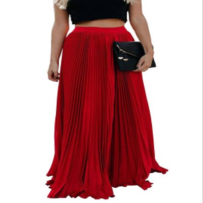 ebossy Women's High Waist Flowy Pleated Chiffon Maxi Skirt (X-Large, Red)