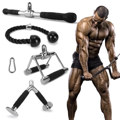 XPRT Fitness Tricep Press Down Cable Attachment, V Handle with Rotation, Rotating Bar, Tricep Rope, V-Shaped Bar, Weight Machine Accessories Set of 4 (V Handle+V Shaped Bar+Tricep Rope+ Straight Bar)
