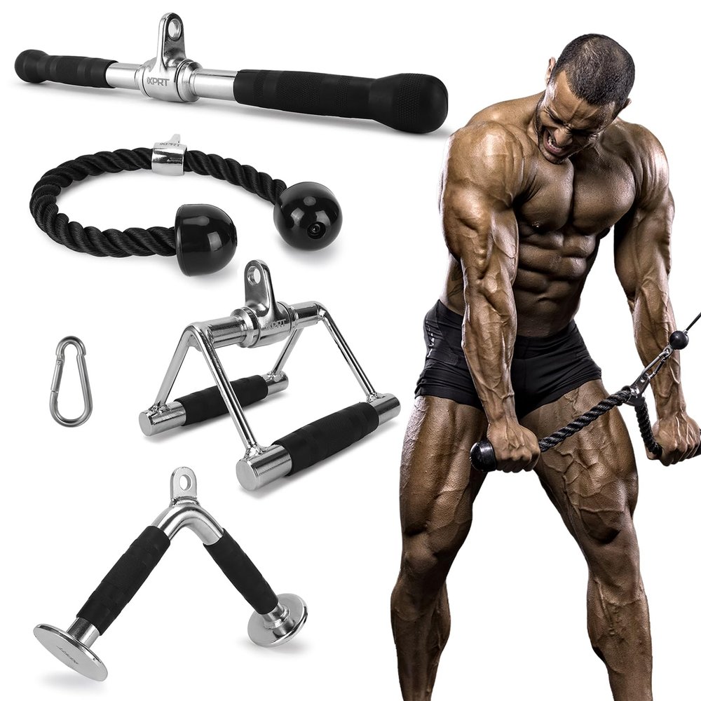 XPRT Fitness Tricep Press Down Cable Attachment, V Handle with Rotation, Rotating Bar, Tricep Rope, V-Shaped Bar, Weight Machine Accessories Set of 4 (V Handle+V Shaped Bar+Tricep Rope+ Straight Bar)