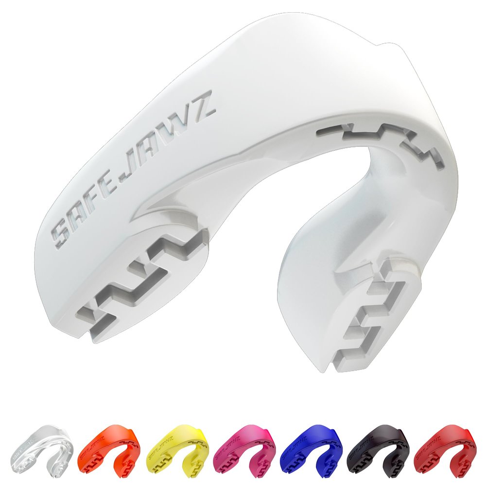 SAFEJAWZ Sports Mouthguard Slim Fit, Adult and Junior Mouth Guard with Case for Boxing, Basketball, Lacrosse, Football, MMA, Martial Arts, Hockey and All Contact Sports (Junior <11 Years, White)