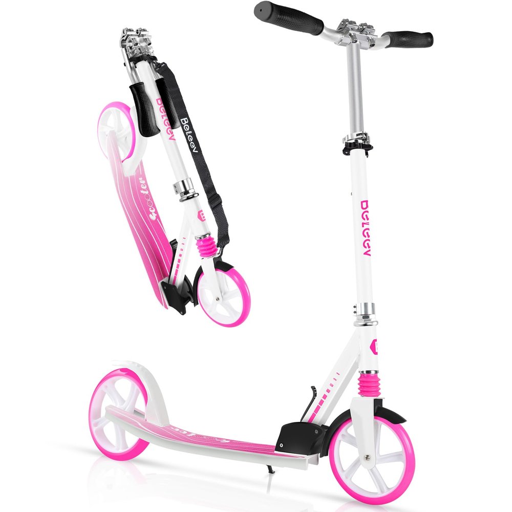 BELEEV V5 Scooters for Kids 6 Years and up, Folding Kick Scooter 2 Wheel for Adults Teens, 4 Adjustable Handlebar, 200mm Big Wheels, Lightweight Sports Commuter Scooter, up to 220lbs(Pink)
