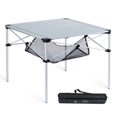iClimb Lightweight Stable Alu. Folding Square Table Roll Up Top with Carry Bag for Camping Picnic Backyards BBQ Camp Kitchen (Silver, L)