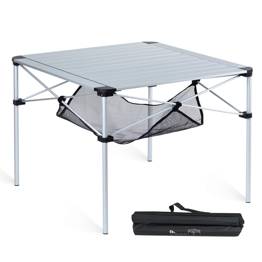 iClimb Lightweight Stable Alu. Folding Square Table Roll Up Top with Carry Bag for Camping Picnic Backyards BBQ Camp Kitchen (Silver, L)
