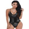 Kaerm Women's Shiny Metallic Bodycon Patent Leather Leotard Backless Deep V Thong Dance Bodysuit Black Medium view 1