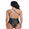 Kaerm Women's Shiny Metallic Bodycon Patent Leather Leotard Backless Deep V Thong Dance Bodysuit Black Medium view 3
