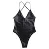 Kaerm Women's Shiny Metallic Bodycon Patent Leather Leotard Backless Deep V Thong Dance Bodysuit Black Medium view 4
