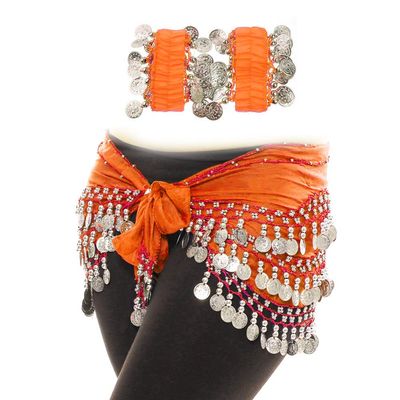 Aulufft 1 PCS Belly Dance Skirt and 2 PCS Belly Dance Wrist Ankle Bracelets Orange