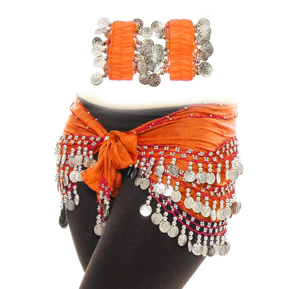 Aulufft 1 PCS Belly Dance Skirt and 2 PCS Belly Dance Wrist Ankle Bracelets Orange