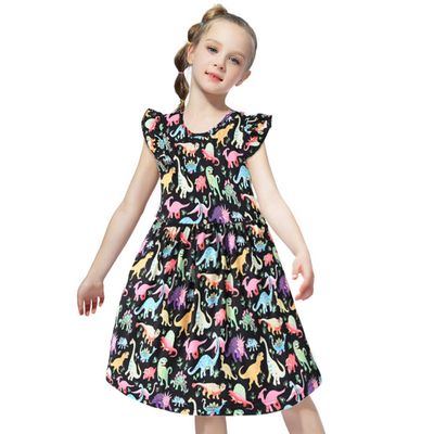 EISHOW Cute Baby Girls Casual Tutu Sundress Fly Sleeve Pajamas Nightgown Cartoon Dinosaur Print Summer Princess Party Dress Clothes (Black Dinosaur, 5-6 Years)