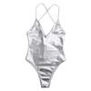 Kaerm Women's Shiny Metallic Bodycon Patent Leather Leotard Backless Deep V Thong Dance Bodysuit Silver Small view 4