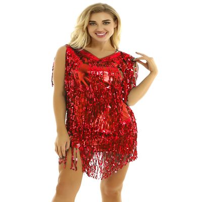YOOJIA Womens Sequins Tassel Latin Dance Flapper Dress Tango Fringed Dress Sparkly Dancewear Red XX-Large