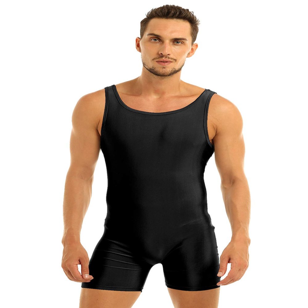 Kaerm Mens Sleeveless Slim Fit Leotard Bodysuit Boxers Shorts Stretch Tank Tops Sport Gym Dance Unitard Black X-Large